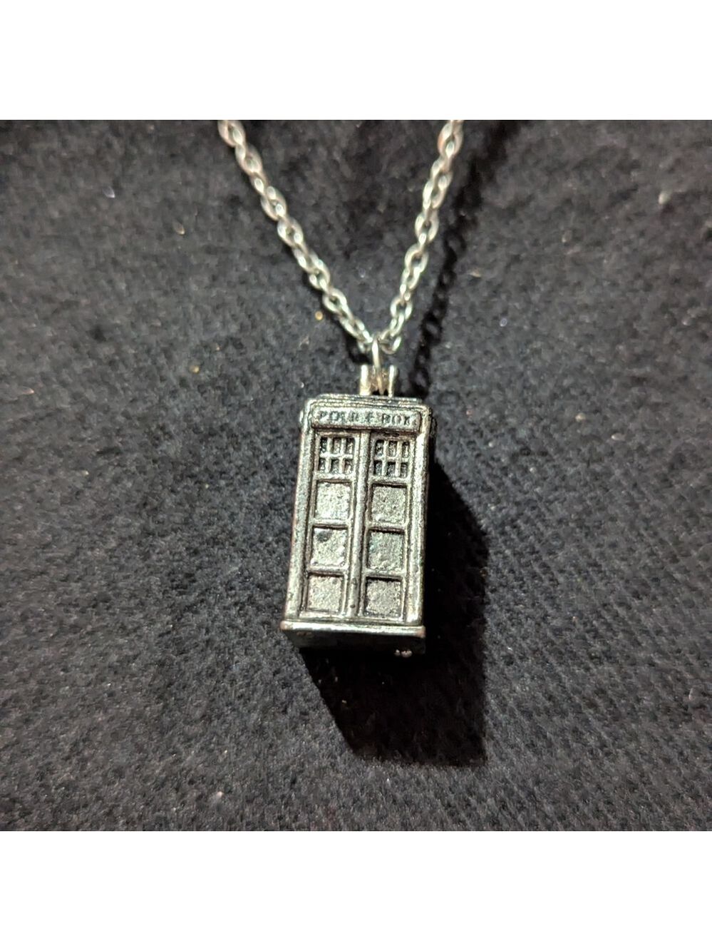 Silver Tone Dr Who TARDIS With Blue Stone On Top Pendant Statement Necklace